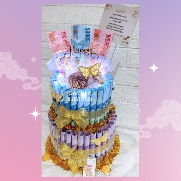 Buket uang kue money bouquet cake 2 susun tier hadiah anniv glorious ultah mewah